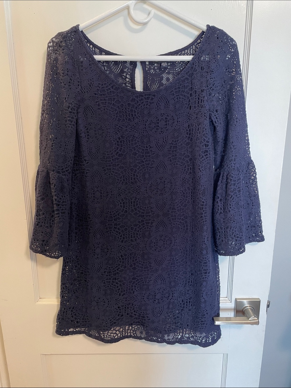 American Eagle Navy Crocheted Lace Mini-Dress with Bell-Sleeves
